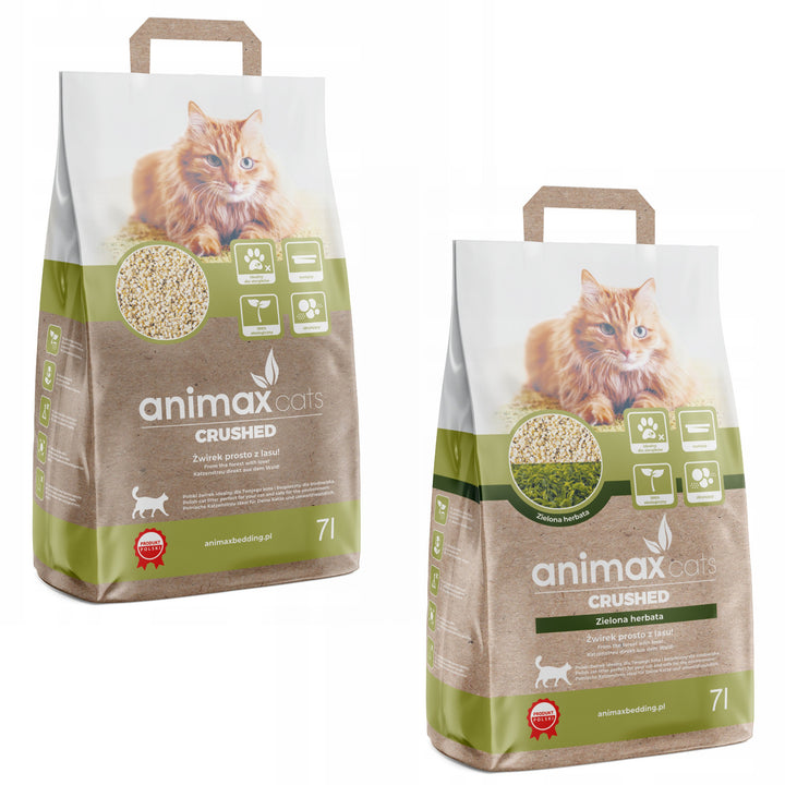 Litière agglomérante, classique, broyée, 7 litres + Litière agglomérante, thé vert, broyée, 7 litres, Animax