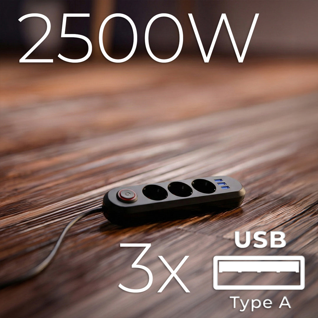 Multiprise Maclean, rallonge 3 prises + 3xUSB, 110-240V AC 50/60Hz, 2.1A max 2500W, 1.5m, noir, MCE394 B