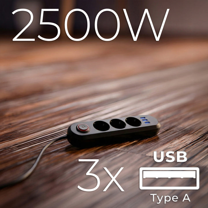 Multiprise Maclean, rallonge 3 prises + 3xUSB, 110-240V AC 50/60Hz, 2.1A max 2500W, 1.5m, noir, MCE394 B
