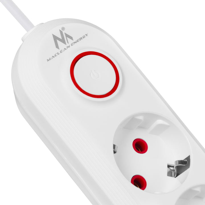 Multiprise Maclean, câble d'extension 5 prises + 3xUSB, 110-240V AC 50/60Hz, 2.1A max 2500W, 1.5m, blanc, MCE395 W