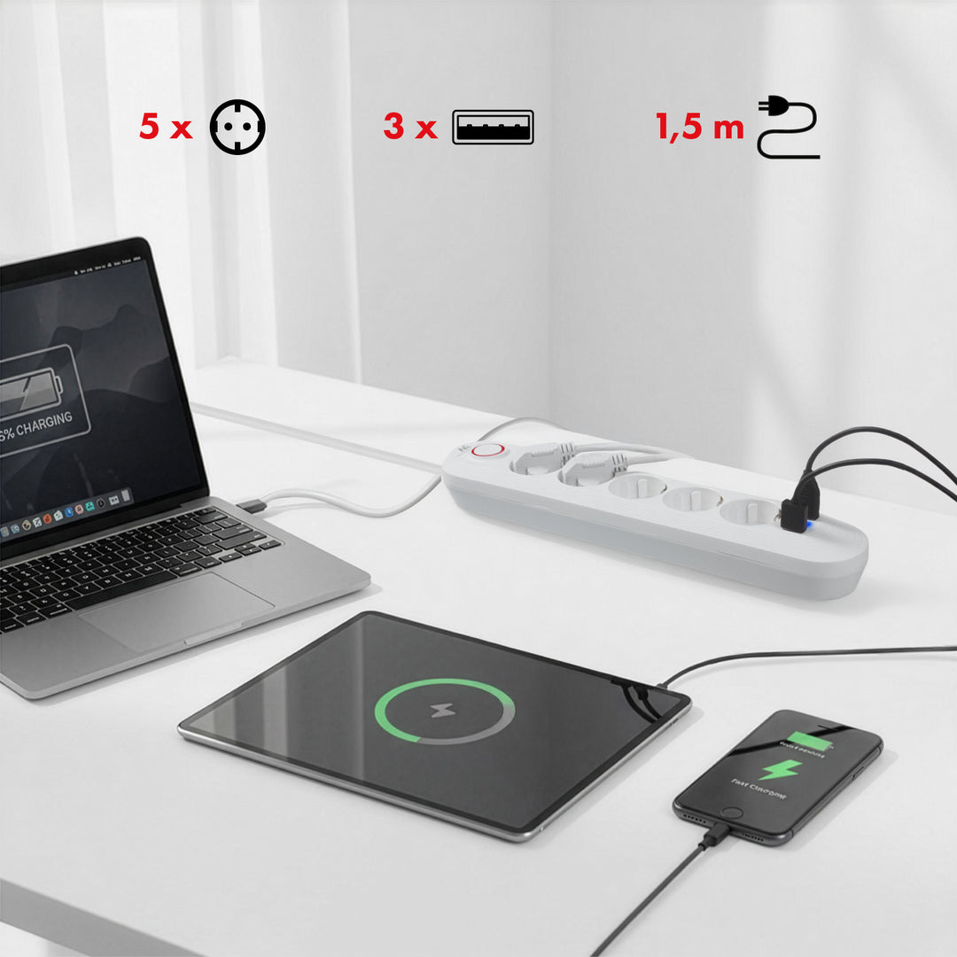 Multiprise Maclean, câble d'extension 5 prises + 3xUSB, 110-240V AC 50/60Hz, 2.1A max 2500W, 1.5m, blanc, MCE395 W