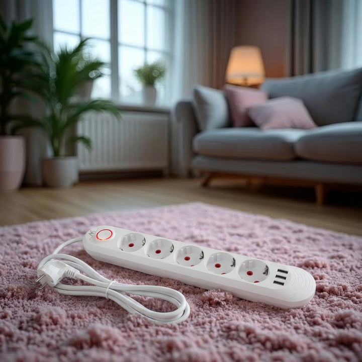 Multiprise Maclean, câble d'extension 5 prises + 3xUSB, 110-240V AC 50/60Hz, 2.1A max 2500W, 1.5m, blanc, MCE395 W