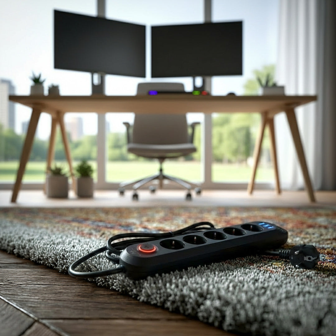 Multiprise Maclean, câble d'extension 5 prises + 3xUSB, 110-240V AC 50/60Hz, 2.1A max 2500W, 1.5m, noir, MCE395 B