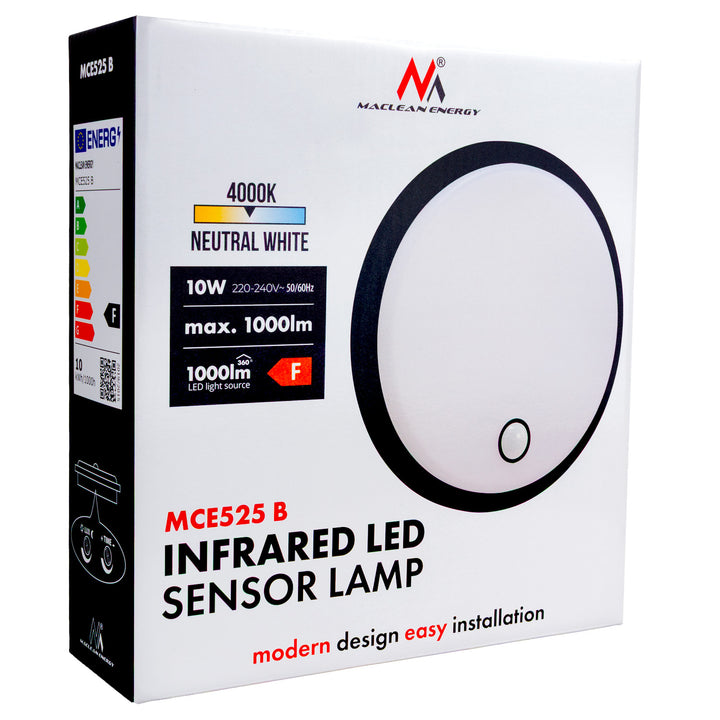 Lampe LED avec détecteur de mouvement Maclean, capteur PIR, couleur noire, 10 W, IP65, 1000 lm, couleur neutre, MCE525 B