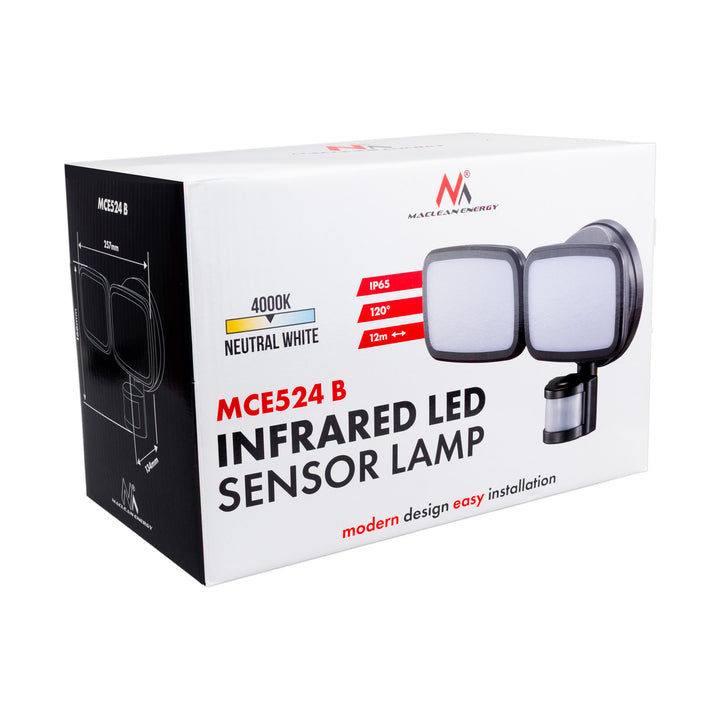 Applique murale LED Maclean, avec capteur PIR, 20 W, 1500 lm, IP65, blanc neutre 4000 K, noir, MCE524 B