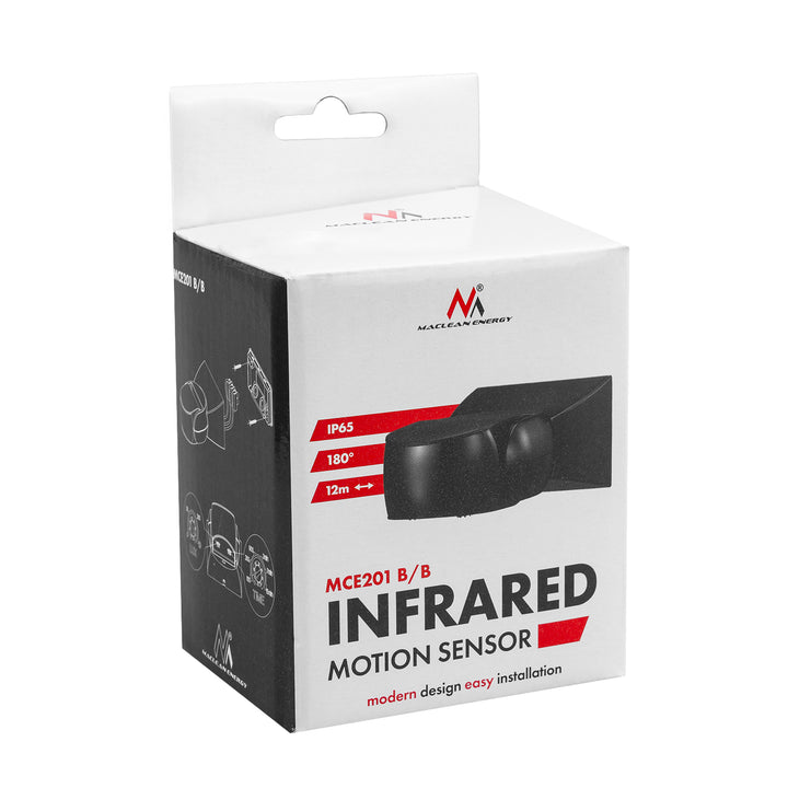 Détecteur de mouvement PIR Maclean, infrarouge, IP65, noir avec cache noir, portée 12 m, MCE201 B/B