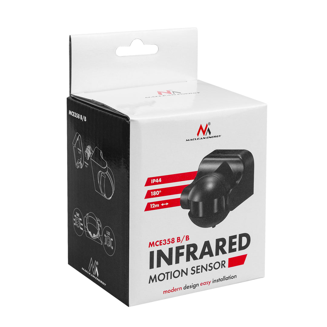Détecteur de mouvement PIR Maclean, infrarouge, IP44, noir avec cache noir, portée 12 m, charge max. 300/1200 W, MCE358 B/B