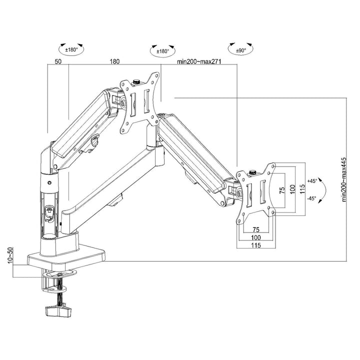 Support pour 2 moniteurs Maclean, ressort à gaz, 17"-32", 2-10kg, noir, MC-134