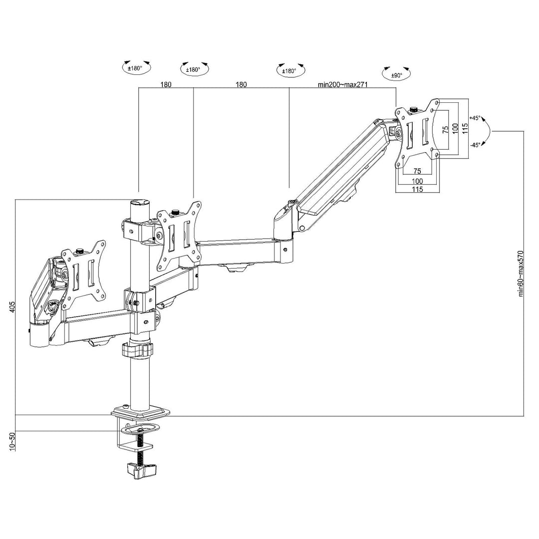Support pour 3 moniteurs Maclean, ressort à gaz, 17"-27", 2-8kg, noir, MC-137