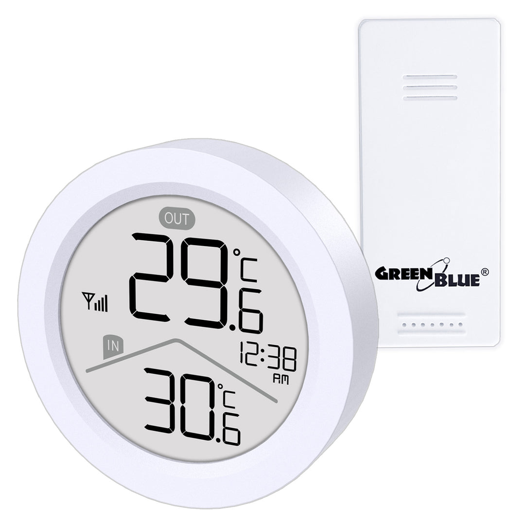 Station météo sans fil GreenBlue, température IN/OUT, horloge, choix entre °C / °F, portée jusqu'à 60 m, GB162