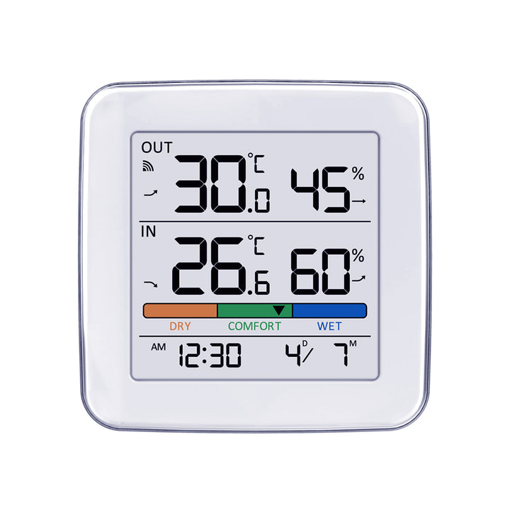 Station météo sans fil GreenBlue, température + humidité IN/OUT, horloge + alarme + date, choix entre °C / °F, portée jusqu'à 60 m, GB169