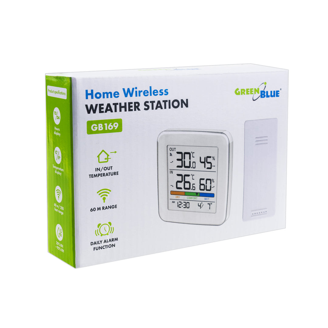 Station météo sans fil GreenBlue, température + humidité IN/OUT, horloge + alarme + date, choix entre °C / °F, portée jusqu'à 60 m, GB169