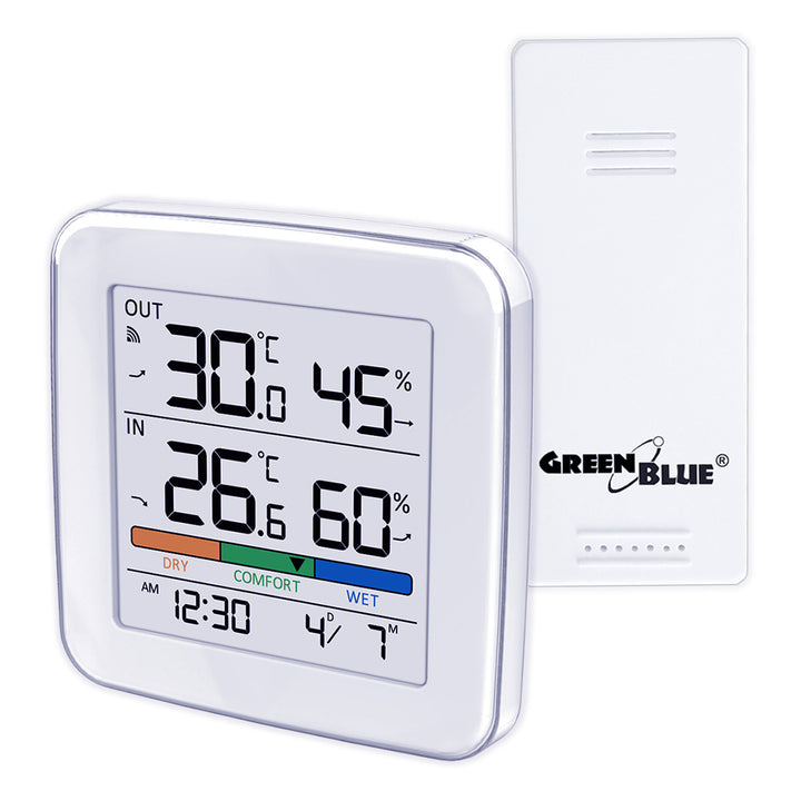 Station météo sans fil GreenBlue, température + humidité IN/OUT, horloge + alarme + date, choix entre °C / °F, portée jusqu'à 60 m, GB169