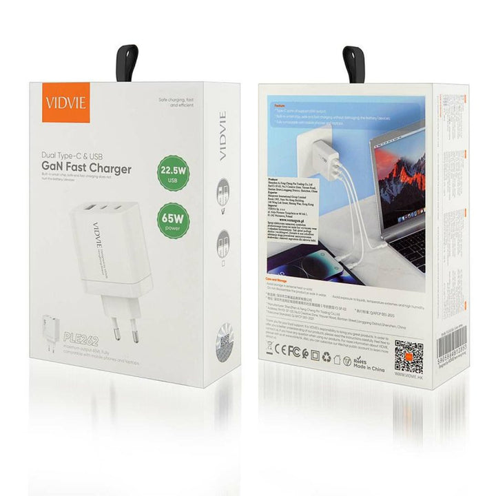 Chargeur secteur VIDVIE, 3A, 65W, 2x USB-C, 1x USB, câble USB-C/Iphone, PLE262
