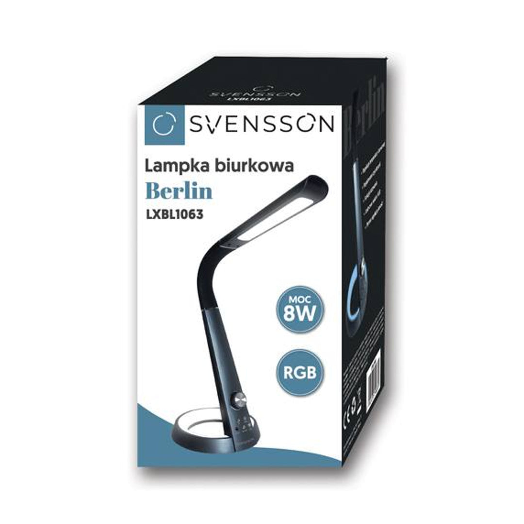 Lampe de bureau Svensson, 450 lumens, puissance 8W, trois températures de lumière, fonction de chargement d'appareil mobile, base RGB, LXBL1063