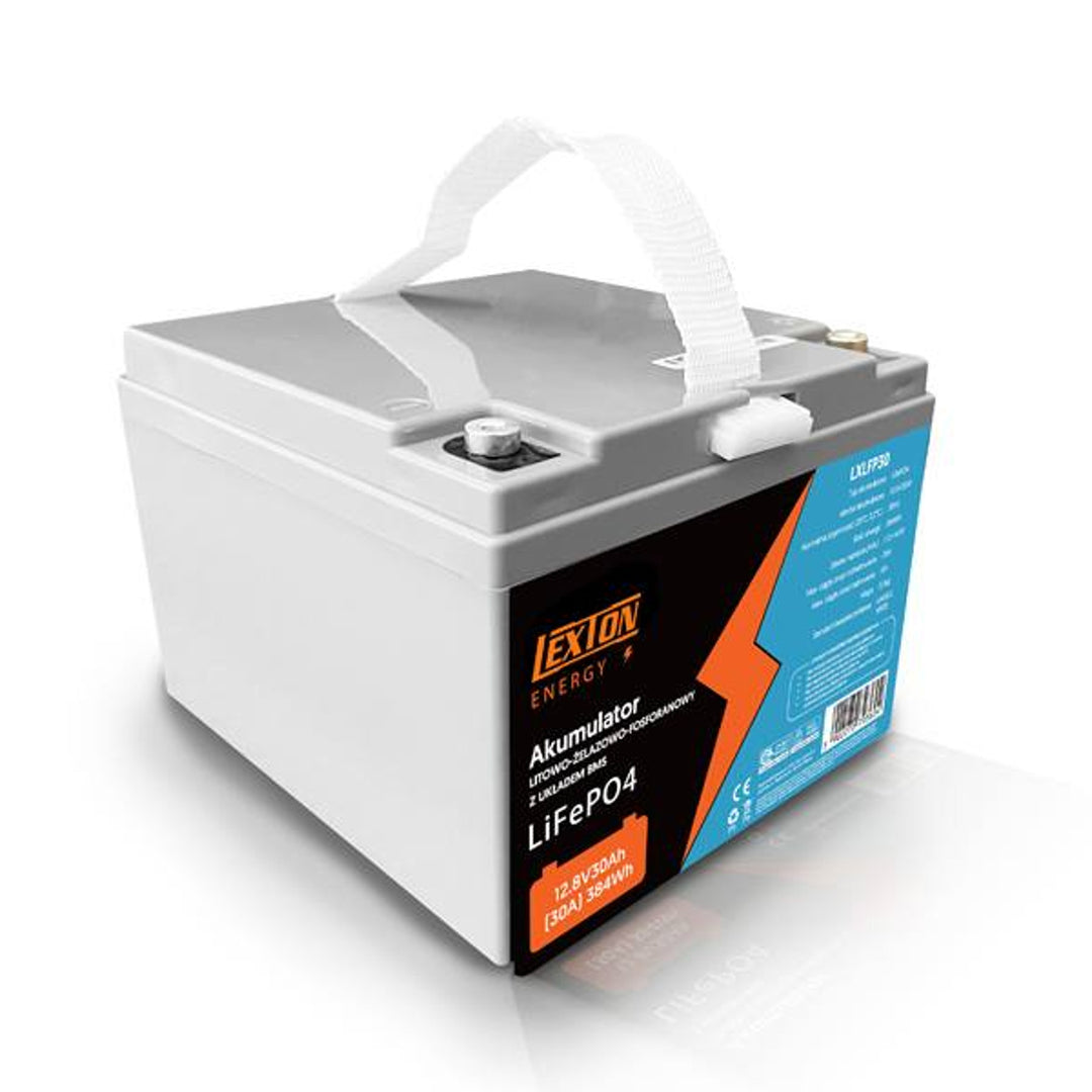 LiFePO4 Batterie lithium-fer-phosphate Lexton, avec BMS, 12.8V, 30Ah, LXLFP30 + chargeur de batterie LiFePO4 LTC Energy