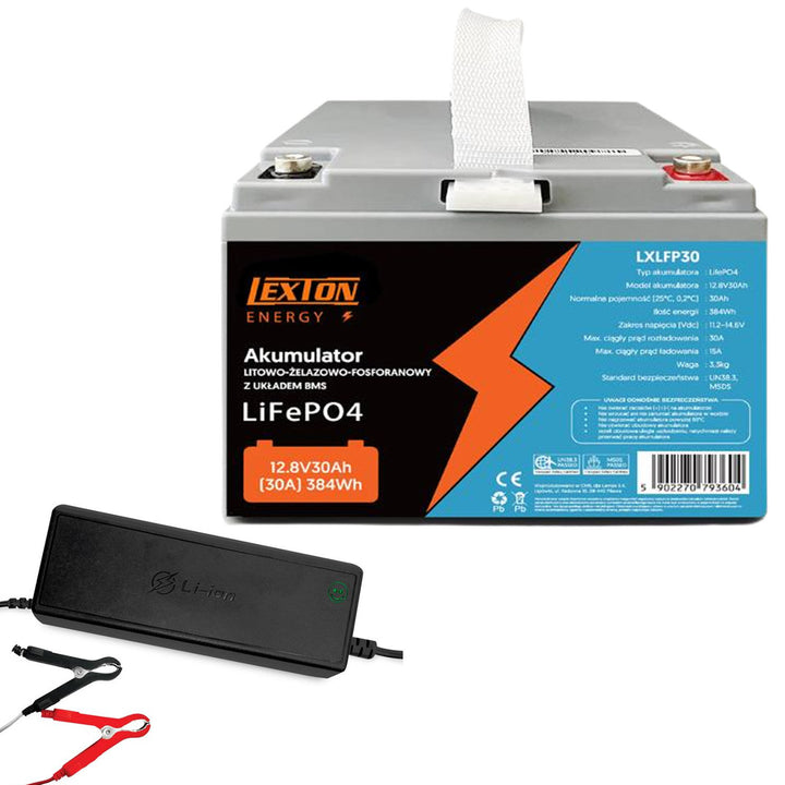 LiFePO4 Batterie lithium-fer-phosphate Lexton, avec BMS, 12.8V, 30Ah, LXLFP30 + chargeur de batterie LiFePO4 LTC Energy