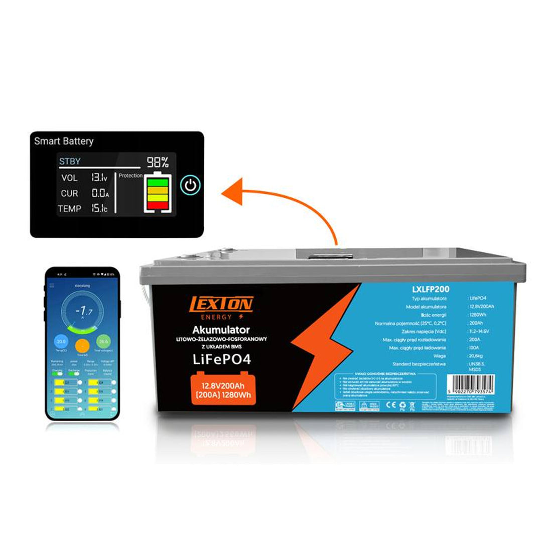 LiFePO4 Batterie lithium phosphate de fer Lexton, avec BMS, 12.8V, 200Ah, LXLFP200 + chargeur de batterie LiFePO4 LTC Energy
