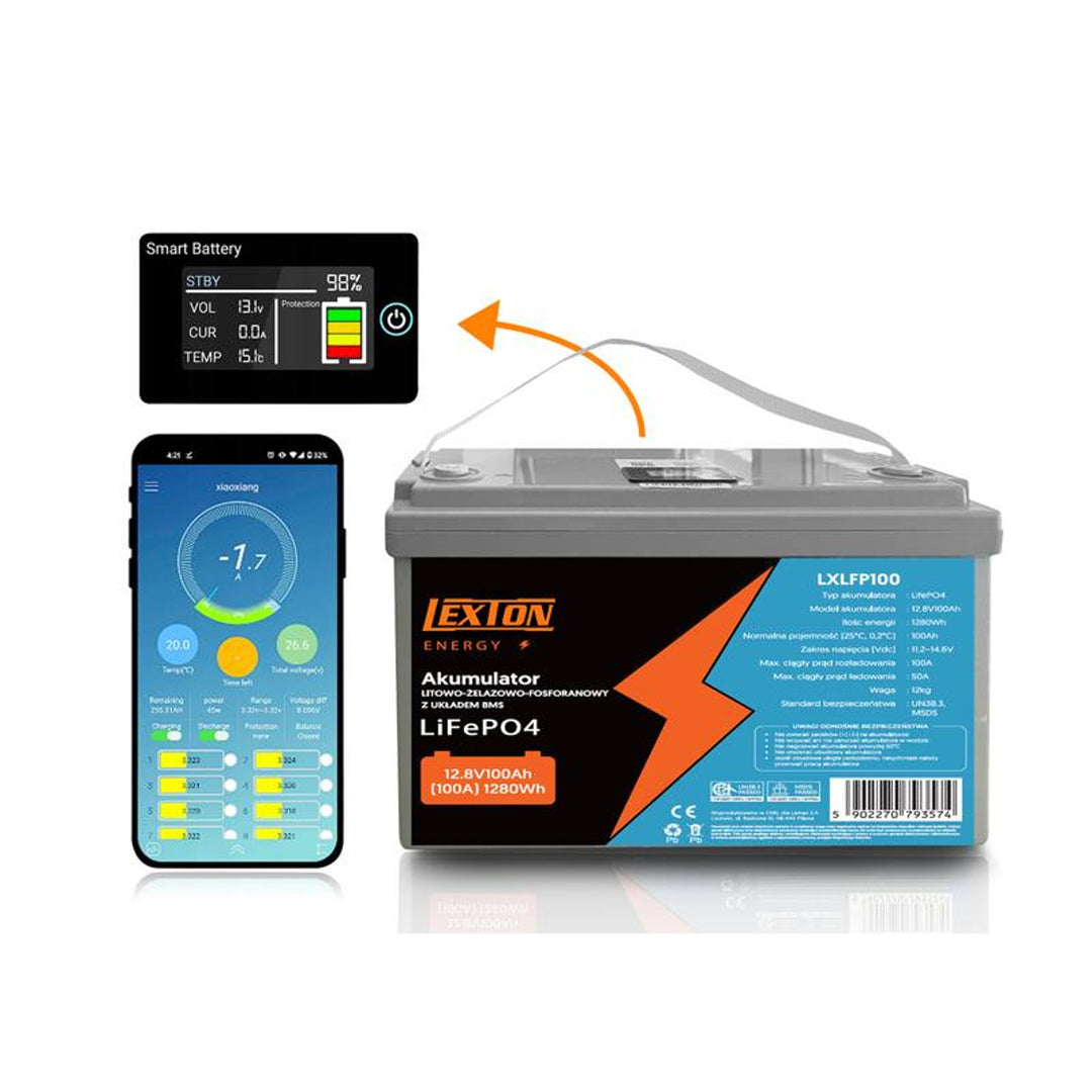 LiFePO4 Batterie lithium-fer-phosphate Lexton, avec BMS, 12.8V, 100Ah, LXLFP100 + chargeur de batterie LiFePO4 LTC Energy