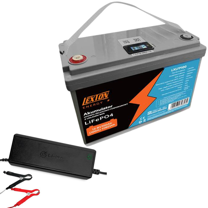LiFePO4 Batterie lithium-fer-phosphate Lexton, avec BMS, 12.8V, 100Ah, LXLFP100 + chargeur de batterie LiFePO4 LTC Energy