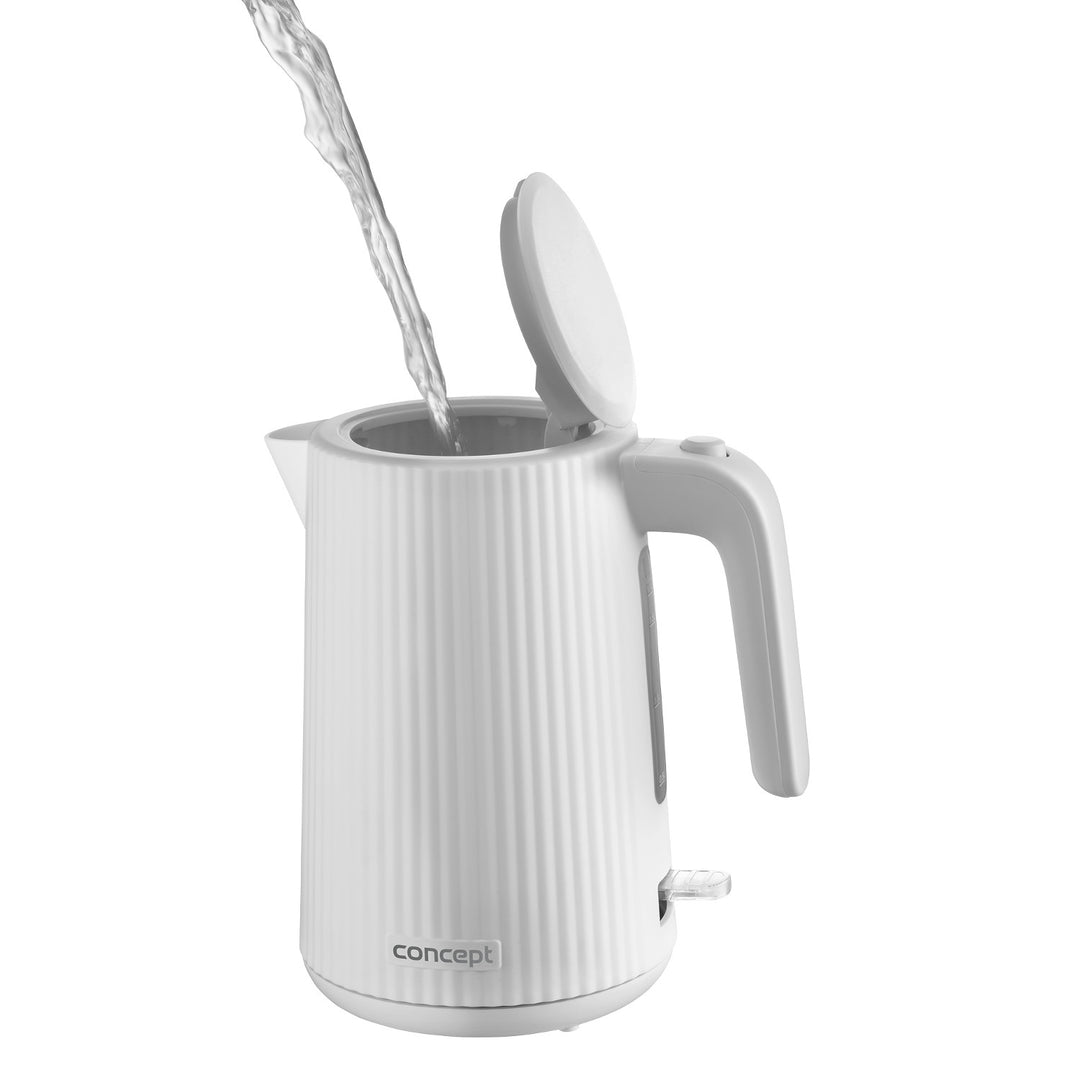 Bouilloire électrique Concept en plastique, 1,7L, design cannelé, triple système de sécurité, filtre à sédiments, indicateur de niveau d'eau, blanc, RK2390