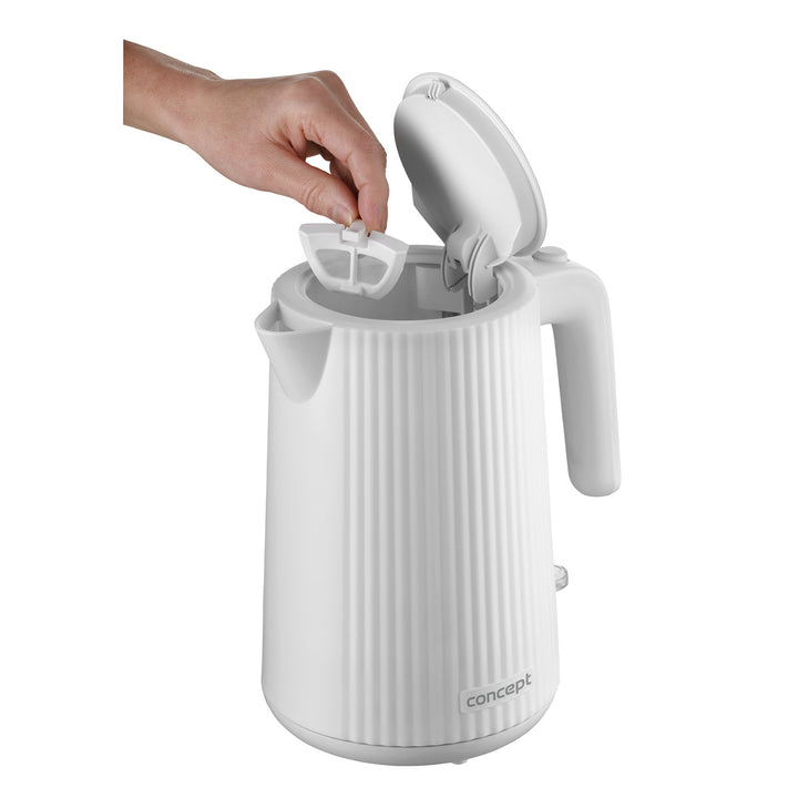Bouilloire électrique Concept en plastique, 1,7L, design cannelé, triple système de sécurité, filtre à sédiments, indicateur de niveau d'eau, blanc, RK2390
