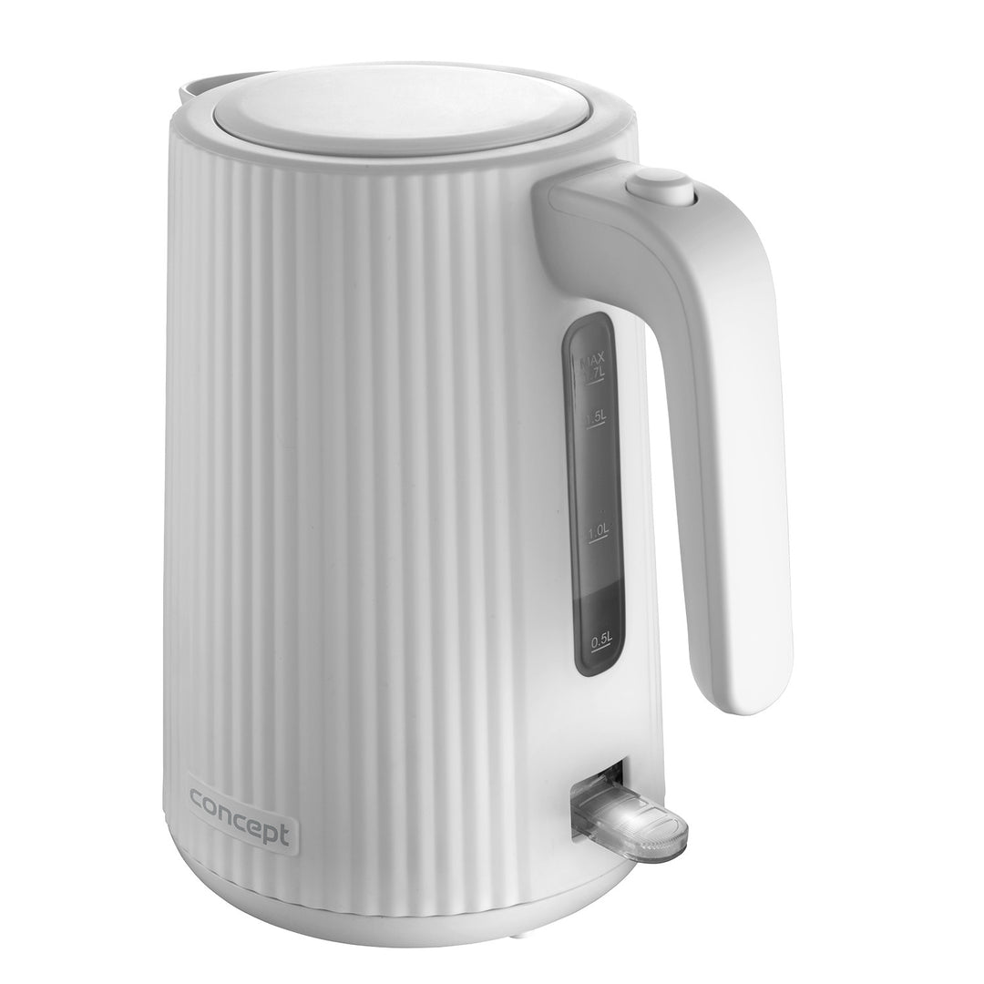 Bouilloire électrique Concept en plastique, 1,7L, design cannelé, triple système de sécurité, filtre à sédiments, indicateur de niveau d'eau, blanc, RK2390
