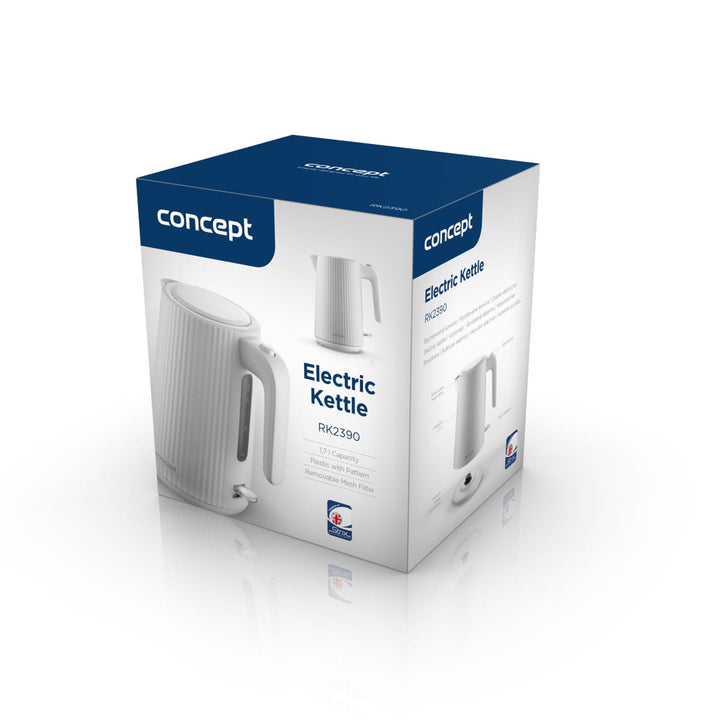 Bouilloire électrique Concept en plastique, 1,7L, design cannelé, triple système de sécurité, filtre à sédiments, indicateur de niveau d'eau, blanc, RK2390