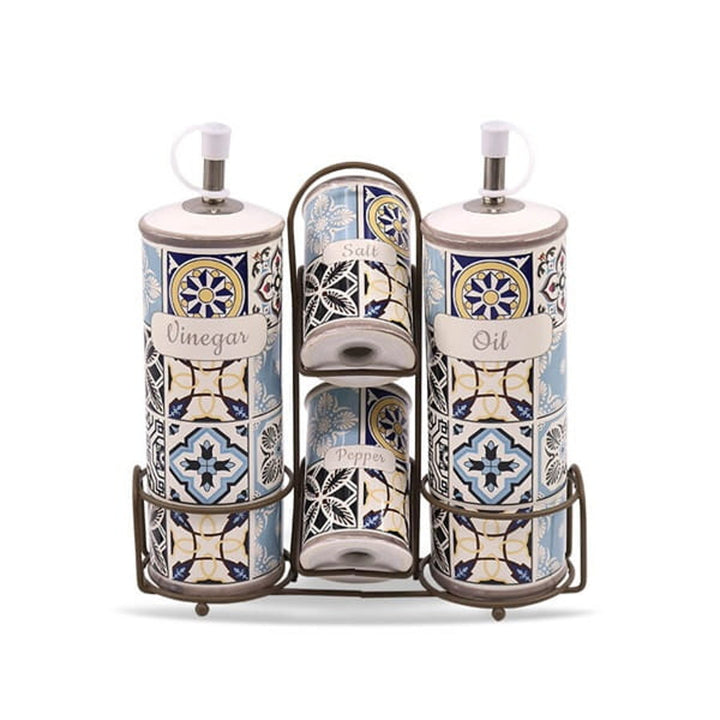 Holiday in Porto Set d'épices en céramique Maestro, 5 éléments, capacité 2x100ml et 2x300ml, avec support en métal, MR-20005-04S