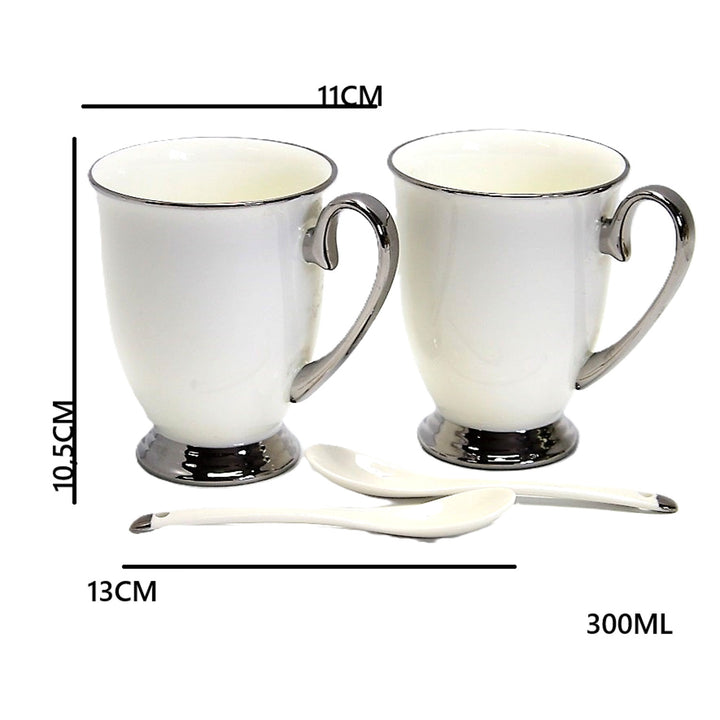 Mugs blancs 2pc Poignées chromées, cuillères à café, Porcelaine, Elégant, Reine Isabel