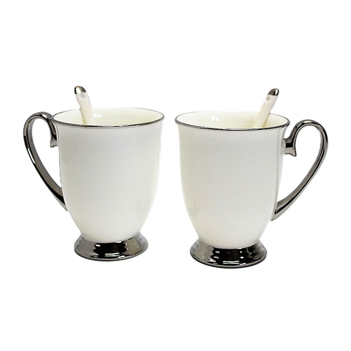 Mugs blancs 2pc Poignées chromées, cuillères à café, Porcelaine, Elégant, Reine Isabel