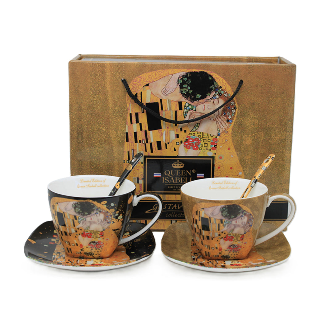 Set de 2 tasses en porcelaine Reine Isabelle, motif Baiser de Klimt, cuillères à café, 250ml, W25KL60-2-19000