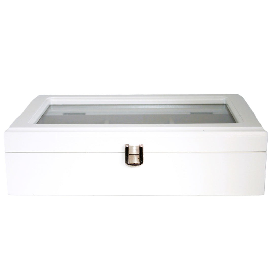 Boîte à bijoux, en bois, blanche, organisateur, compartiments, couvercle en verre, Reine Isabel