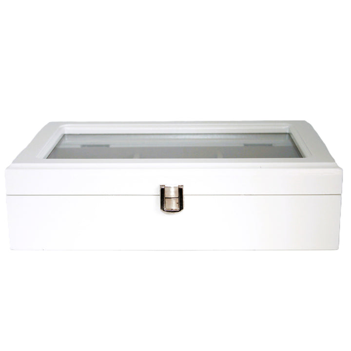 Boîte à bijoux, en bois, blanche, organisateur, compartiments, couvercle en verre, Reine Isabel