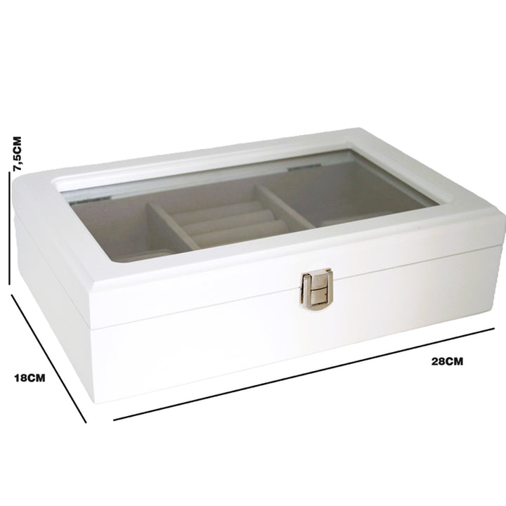 Boîte à bijoux, en bois, blanche, organisateur, compartiments, couvercle en verre, Reine Isabel