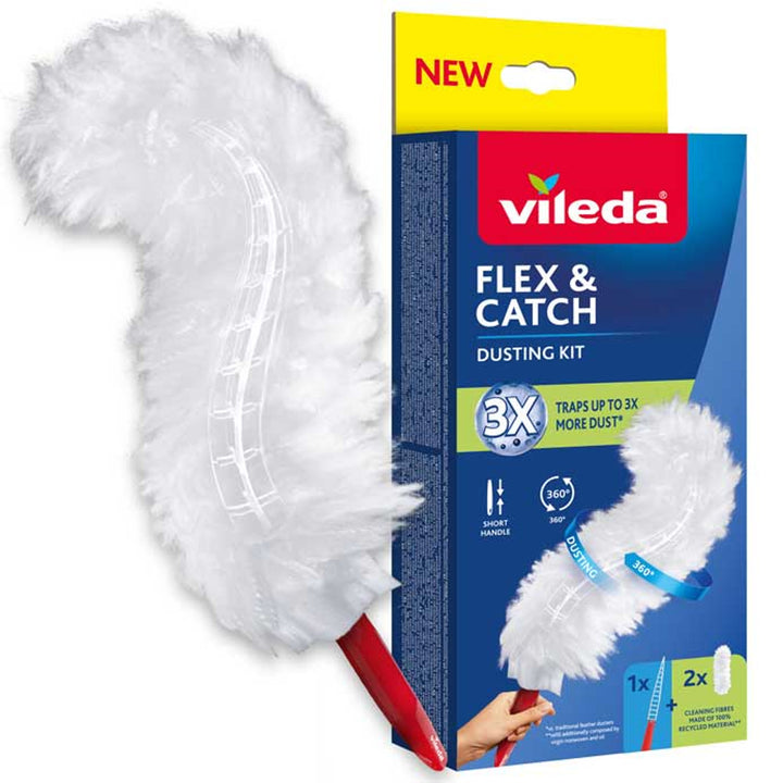 Vileda Flex&Catch balai dépoussiérant, avec manche court, 2 cartouches incluses, antidérapant, tête flexible, 179432