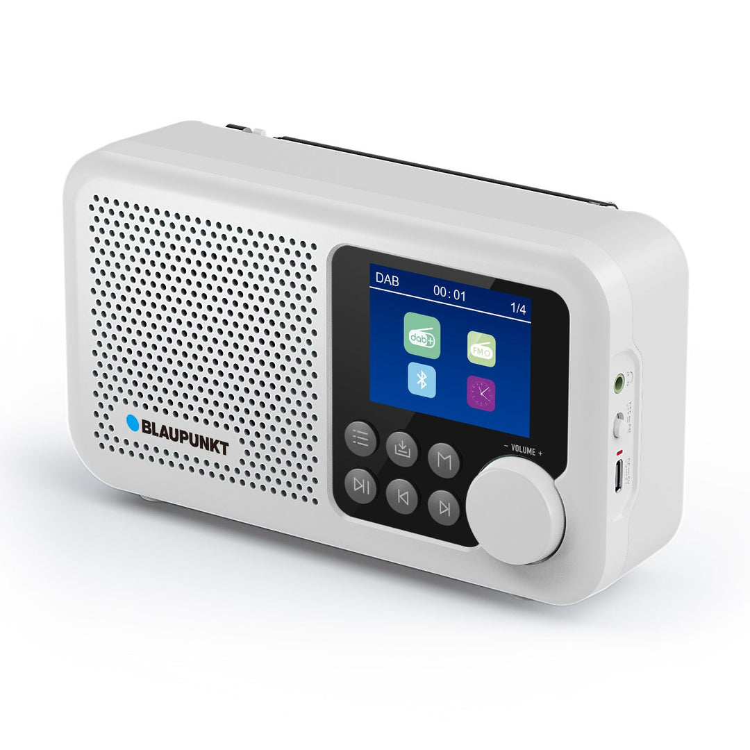 Radio portable Blaupunkt, radio numérique DAB+ et tuner FM, Bluetooth, sortie casque, écran couleur 2,4 pouces, fonction horloge et alarme, fonctionne sur batterie et rechargeable via USB-C, DR8WH.