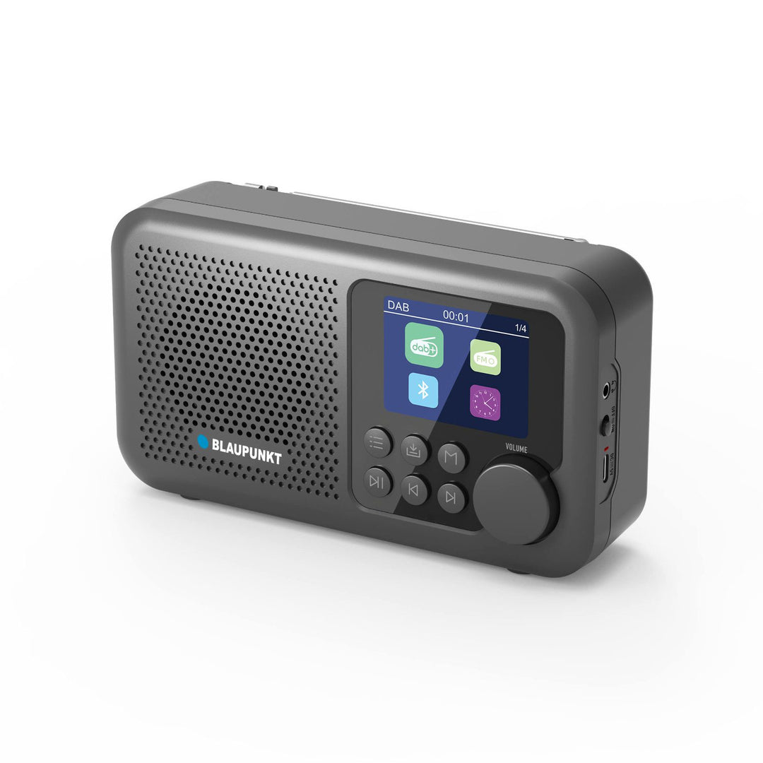 Radio portable Blaupunkt, radio numérique DAB+ et tuner FM, Bluetooth, sortie casque, écran couleur 2,4 pouces, fonction horloge et alarme, fonctionne sur batterie et rechargeable via USB-C, DR8BK.