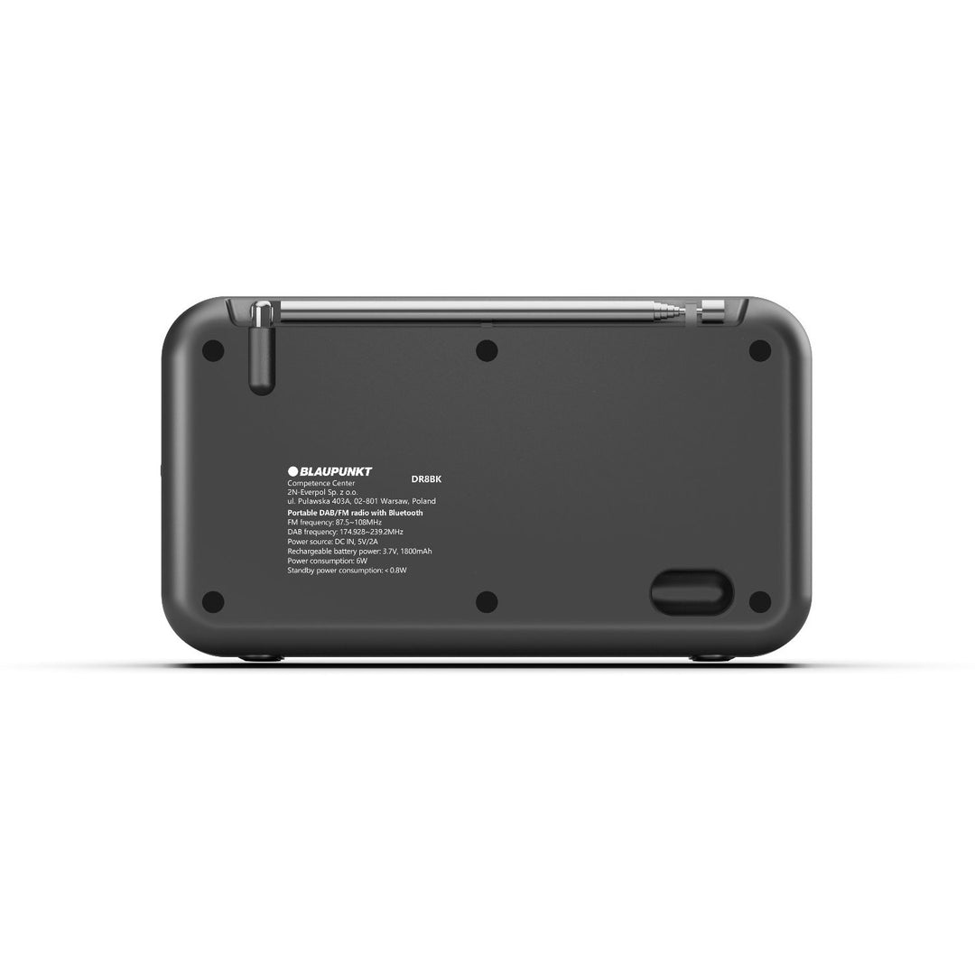 Radio portable Blaupunkt, radio numérique DAB+ et tuner FM, Bluetooth, sortie casque, écran couleur 2,4 pouces, fonction horloge et alarme, fonctionne sur batterie et rechargeable via USB-C, DR8BK.