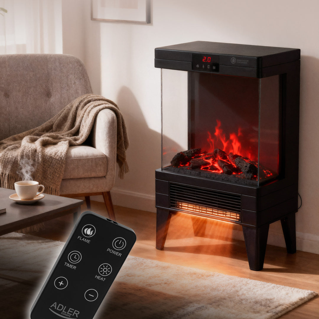 Cheminée électrique LED avec télécommande, 2 puissances de chauffe 1000W/2000W, thermostat, Adler AD 7755