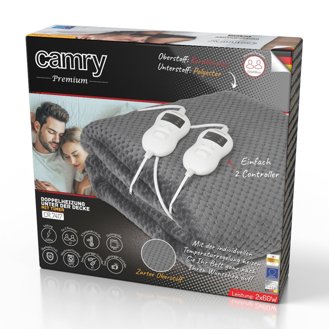 Couverture électrique Camry, pour 2 personnes, dimensions 150x160cm, 8 niveaux de chauffage, puissance 2 x 60W, gris, CR 7417