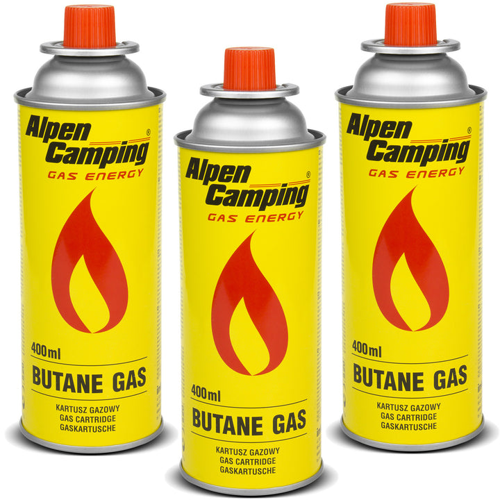 Cartouche de gaz 400ml Alpen Camping. Certificat : Pi 0875, conforme à EN417, isobutane, plage de fonctionnement -10°C à + 40°C, IK004, 3 pièces.