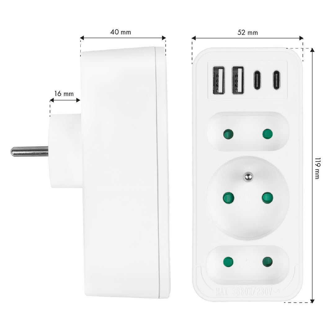 Prise de courant x3 + 4xUSB Maclean, répartiteur 3 prises, 2xUSB A, 2xUSB C PD 20W, 1x16A + 2x6A, MCE248 F/W, 2 pièces