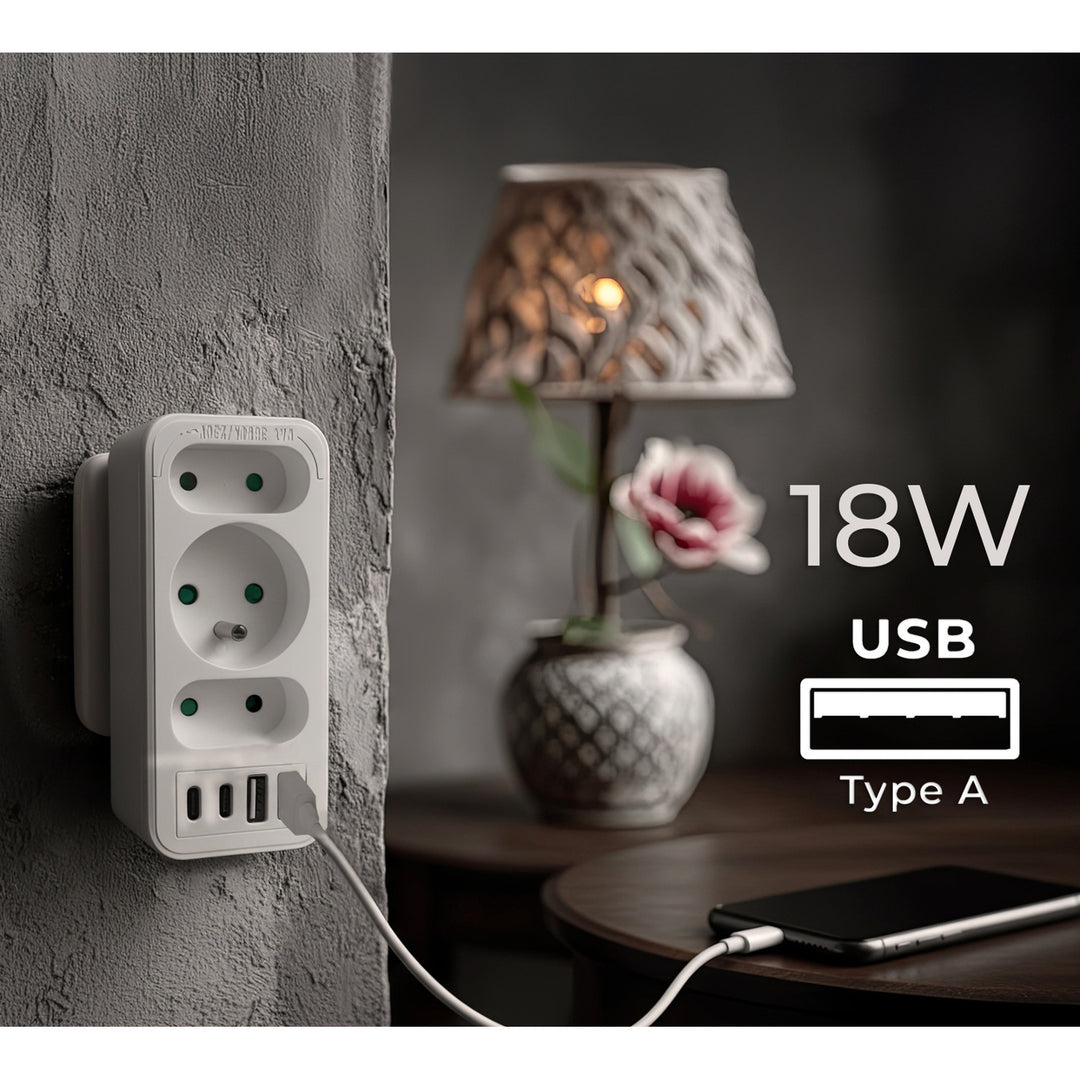 Prise de courant x3 + 4xUSB Maclean, répartiteur 3 prises, 2xUSB A, 2xUSB C PD 20W, 1x16A + 2x6A, MCE248 F/W, 2 pièces