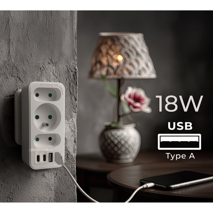 Prise de courant x3 + 4xUSB Maclean, répartiteur 3 prises, 2xUSB A, 2xUSB C PD 20W, 1x16A + 2x6A, MCE248 F/W, 2 pièces