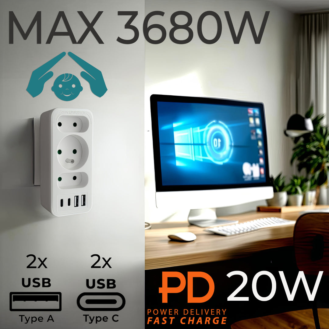 Prise de courant x3 + 4xUSB Maclean, répartiteur 3 prises, 2xUSB A, 2xUSB C PD 20W, 1x16A + 2x6A, MCE248 F/W, 2 pièces