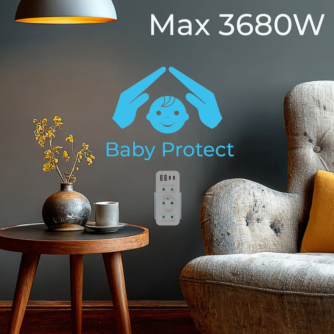 Prise de courant x3 + 4xUSB Maclean, répartiteur 3 prises, 2xUSB A, 2xUSB C PD 20W, 1x16A + 2x6A, MCE248 F/W, 2 pièces