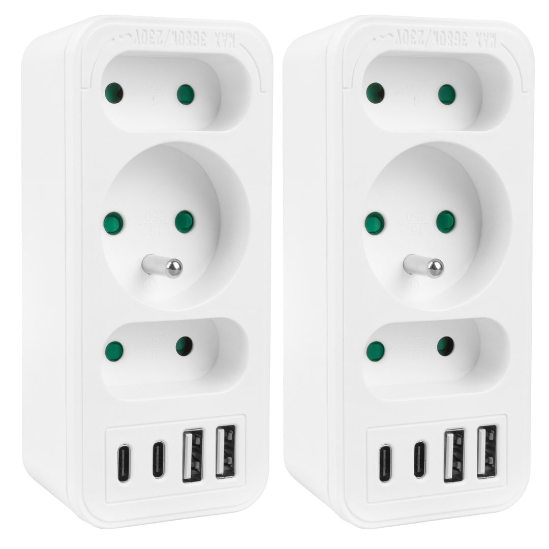 Prise de courant x3 + 4xUSB Maclean, répartiteur 3 prises, 2xUSB A, 2xUSB C PD 20W, 1x16A + 2x6A, MCE248 F/W, 2 pièces