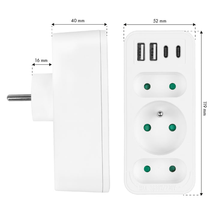 Prise de courant x3 + 4xUSB Maclean, répartiteur 3 prises, 2xUSB A, 2xUSB C PD 20W, 1x16A + 2x6A, MCE248 F/W, 3 pièces
