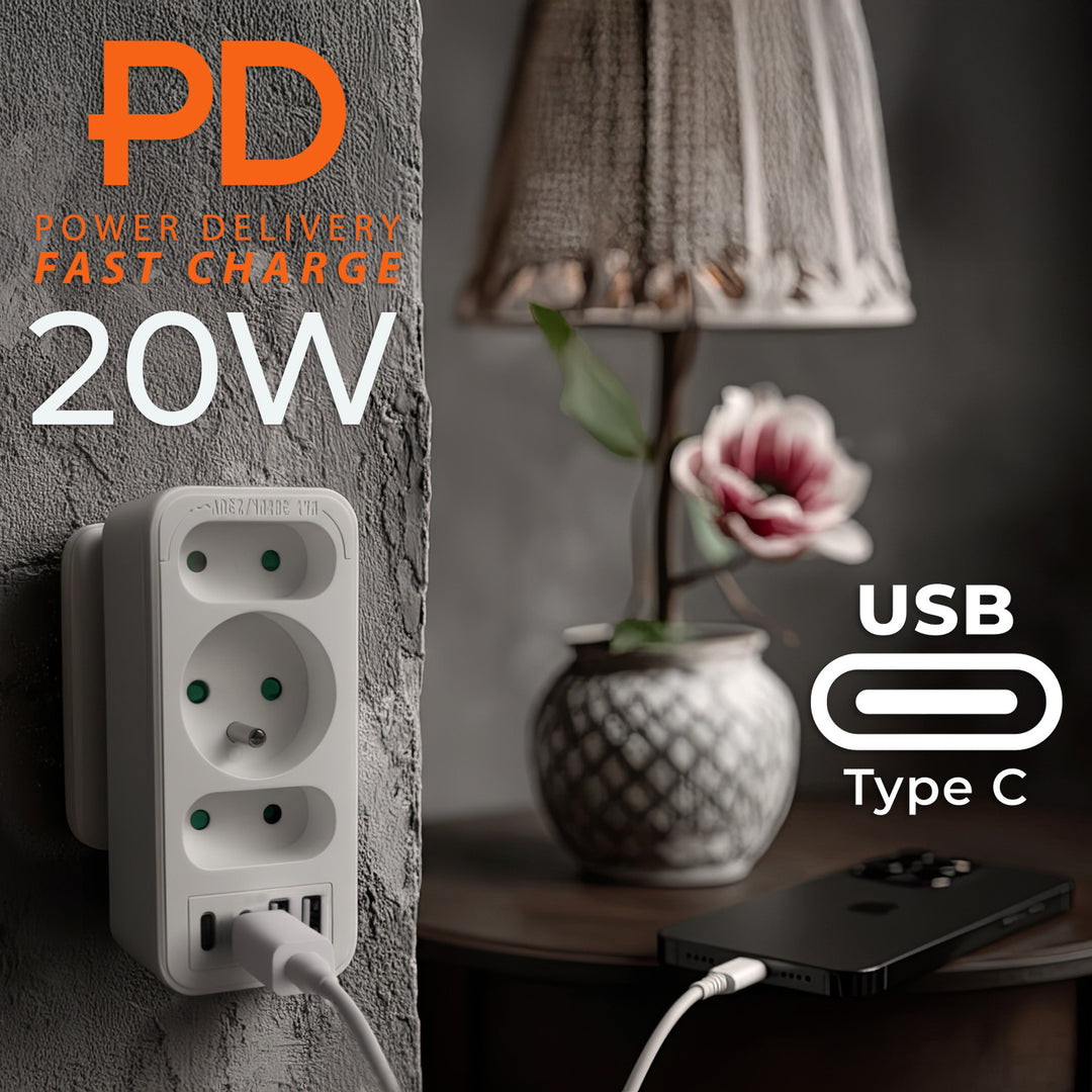 Prise de courant x3 + 4xUSB Maclean, répartiteur 3 prises, 2xUSB A, 2xUSB C PD 20W, 1x16A + 2x6A, MCE248 F/W, 3 pièces